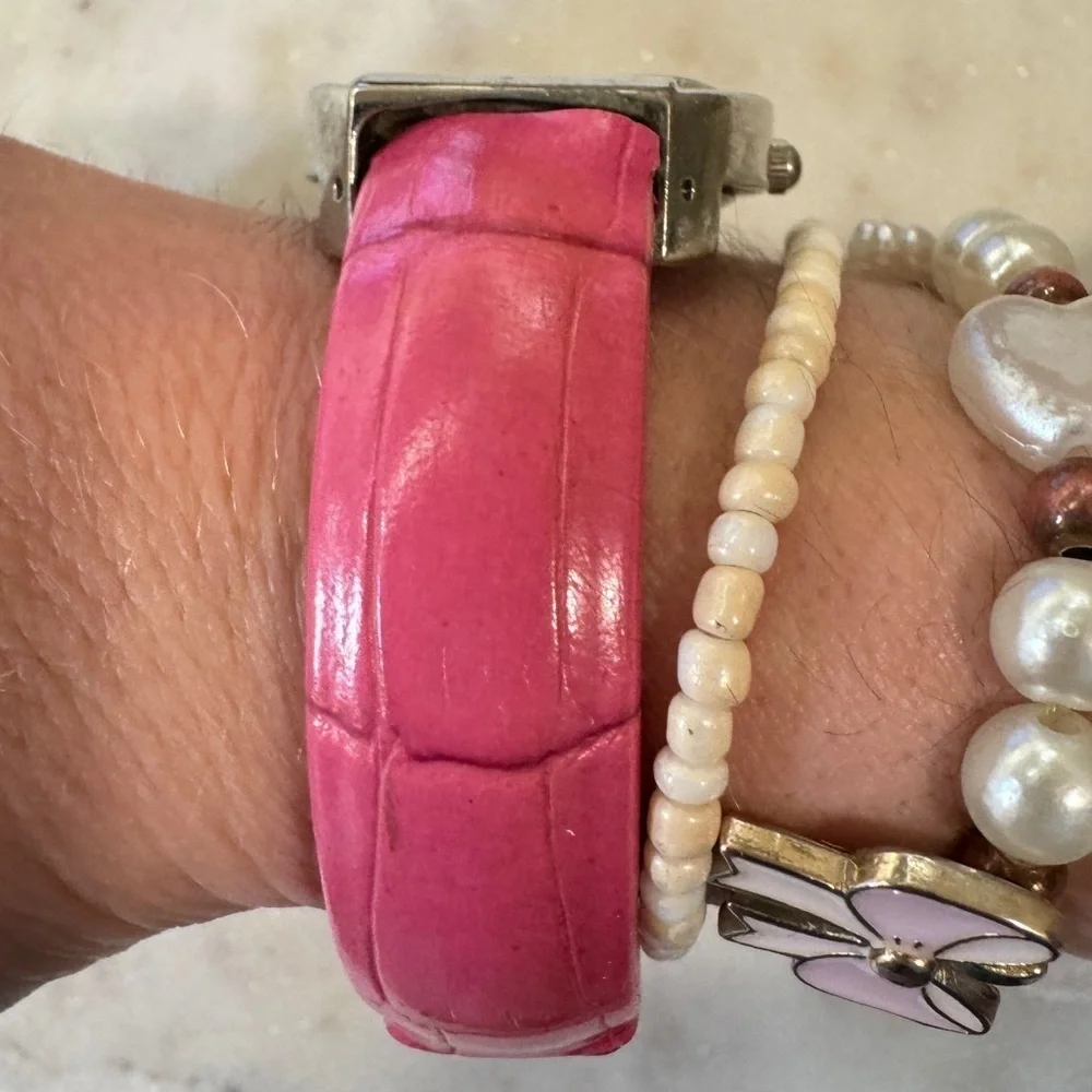 Pink Cuff Watch With Wide Metal Frame